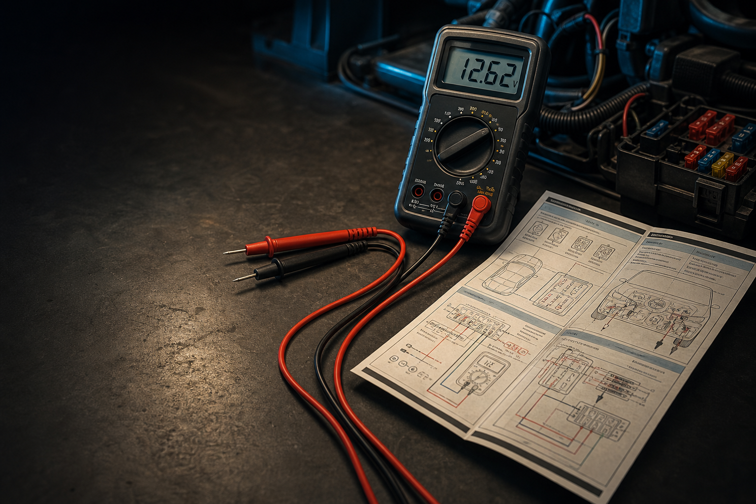 Digital multimeter with red and black probes beside an automotive electrical quick-reference sheet