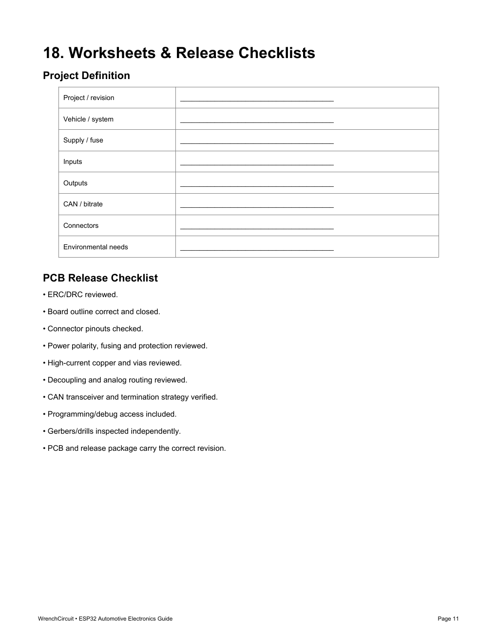 Project worksheet and PCB release checklist from the ESP32 guide