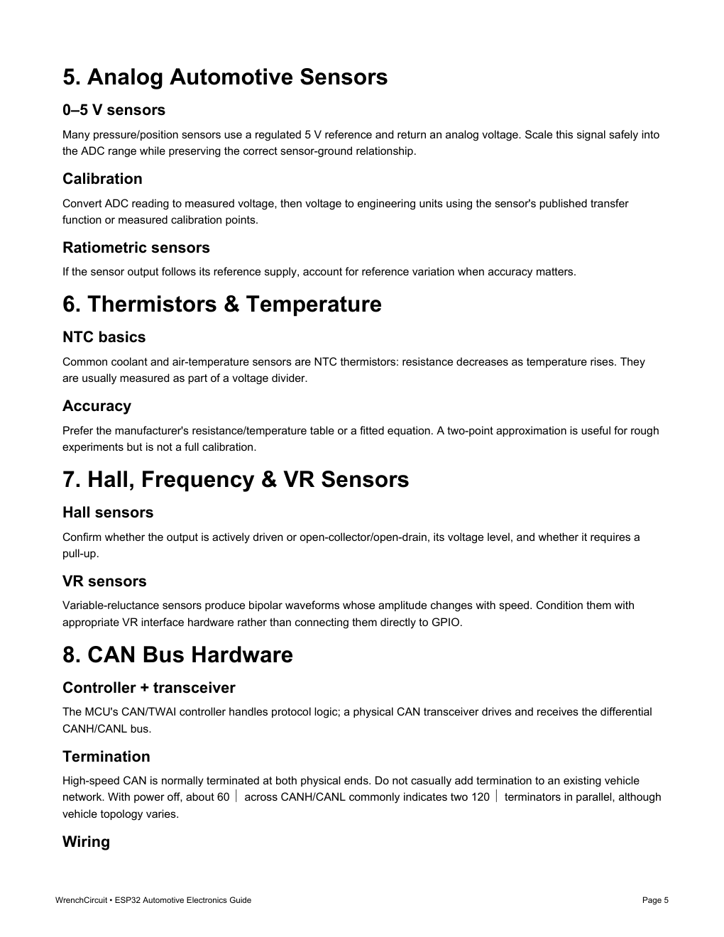 Automotive sensors and CAN hardware page from the ESP32 guide
